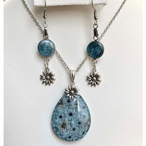 Handmade Blue Floral Teardrop Jewelry Set • Resin Pendant • Silver Daisy Accents